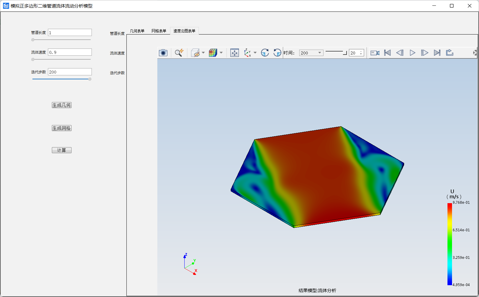 模拟二维正多边形管道流体流动模型