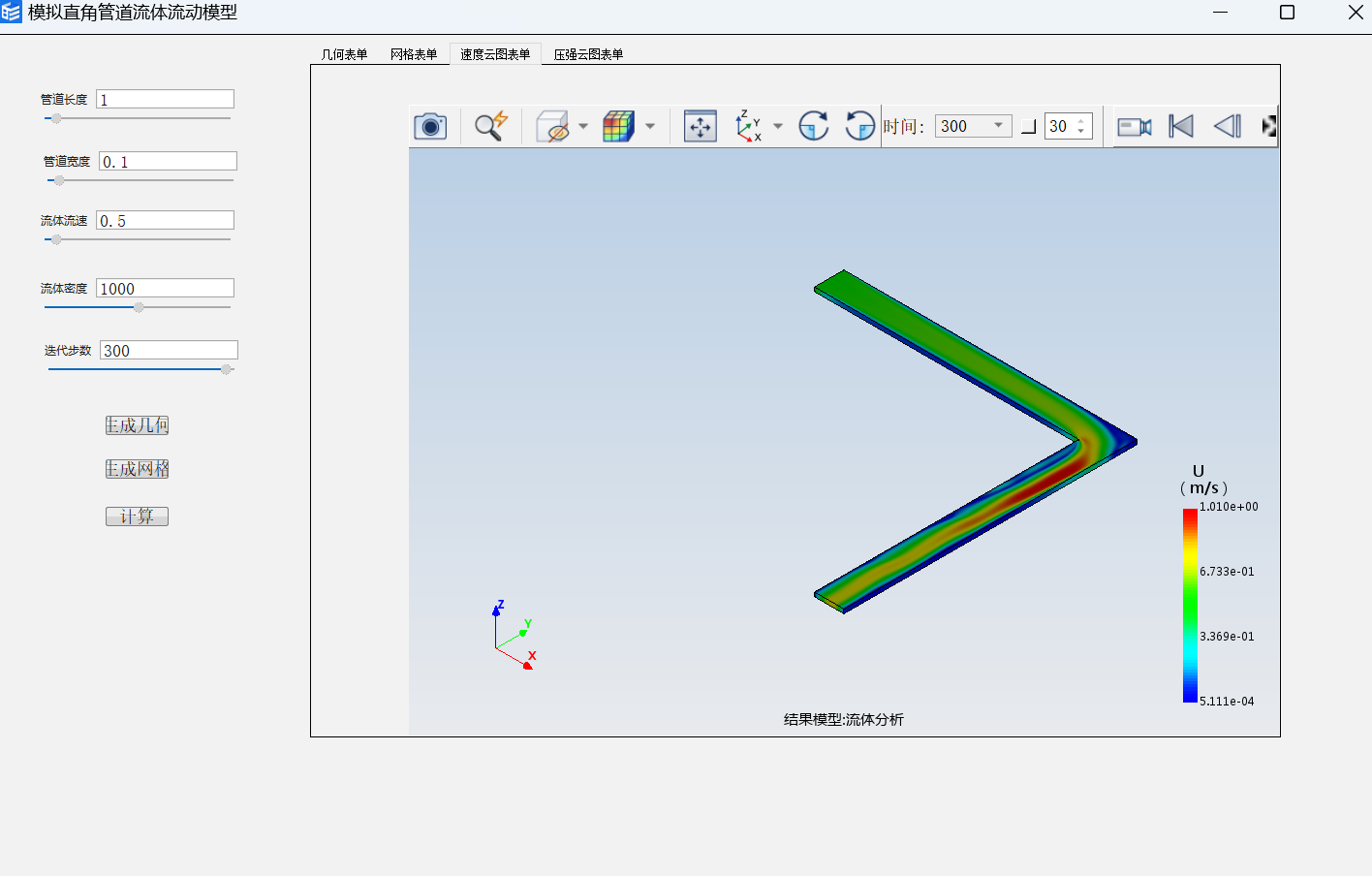 模拟二维直角管道流体流动模型